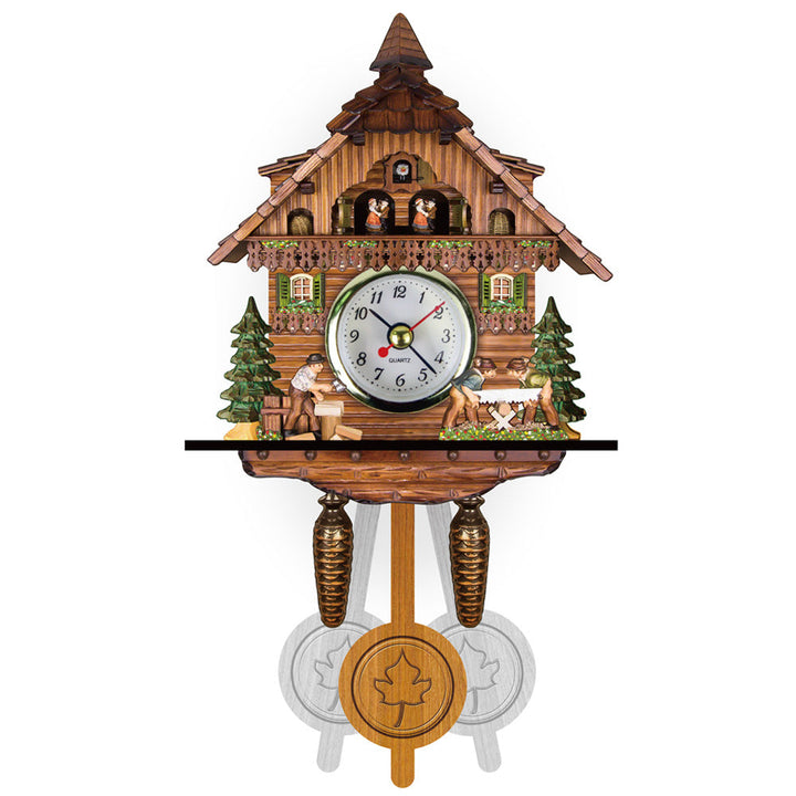 Wooden chalet wall clock with pointed bell-tower roof, woodcutters sawing and chopping, green shutters and pendulum 6