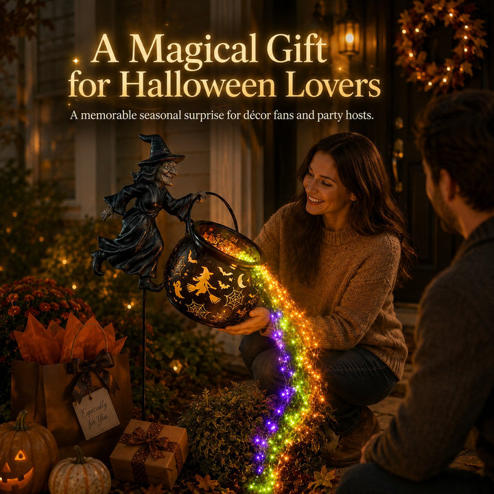 Woman holds the glowing cauldron beside a man with gift boxes and a wrapped gift bag in the foreground.