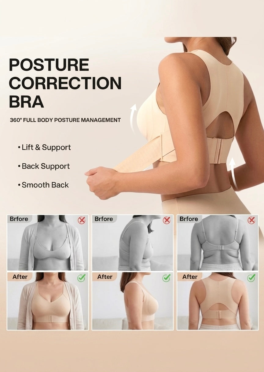 Posture correction graphic with a model in the beige bra from behind pulling the back strap, plus before-and-after comparison photos.