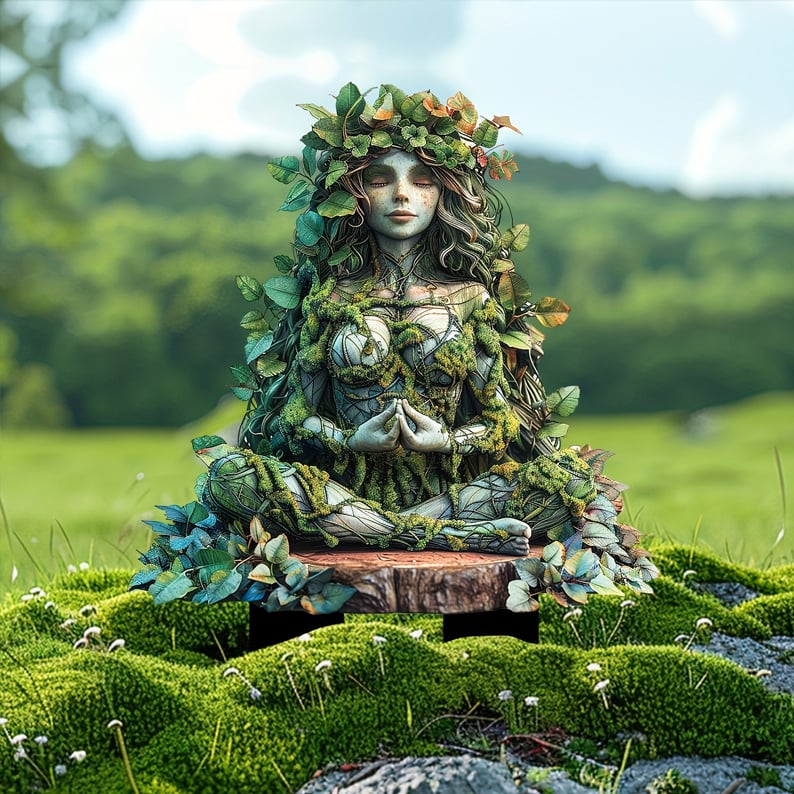 Fairy Tale Acrylic Garden Stake with a meditating nature spirit detail