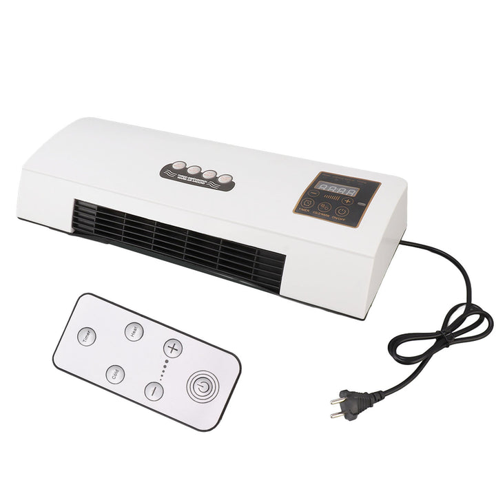 White unit with its black power cord and plug, shown next to the included remote control with timer, heat, cold and power buttons. 6