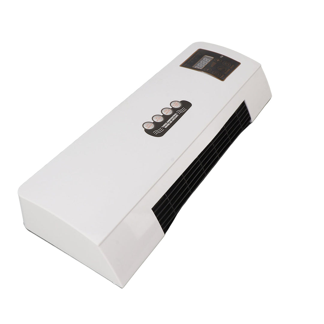 White unit seen from the right-hand angle, with the control panel at the top and the black air vent along the side. 5
