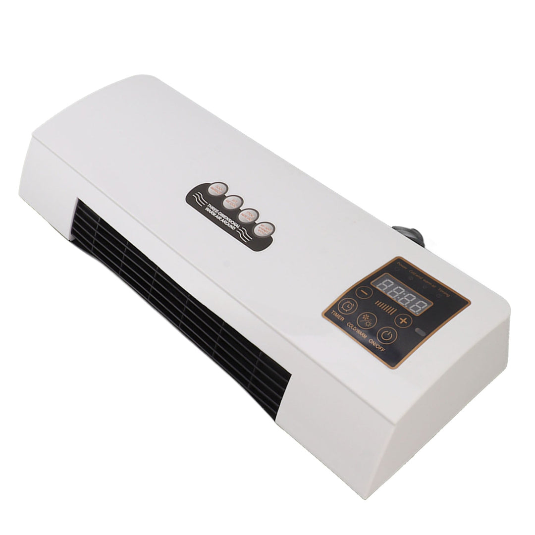 White unit seen from the front-left at an angle, showing the black vent, four round buttons and the touch control panel with display. 3