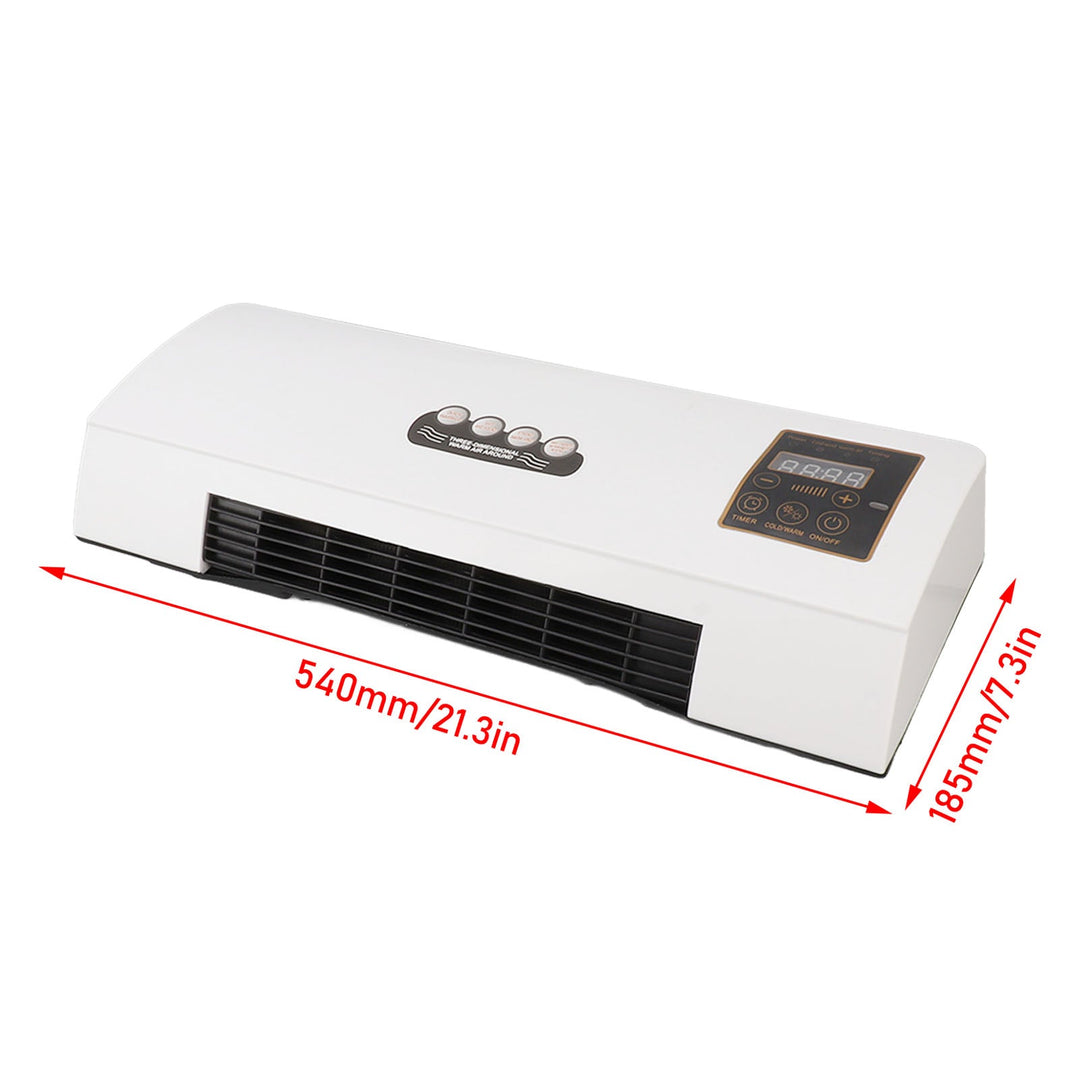 White unit shown at an angle with red arrows marking its length and depth, giving the size in millimeters and inches. 2
