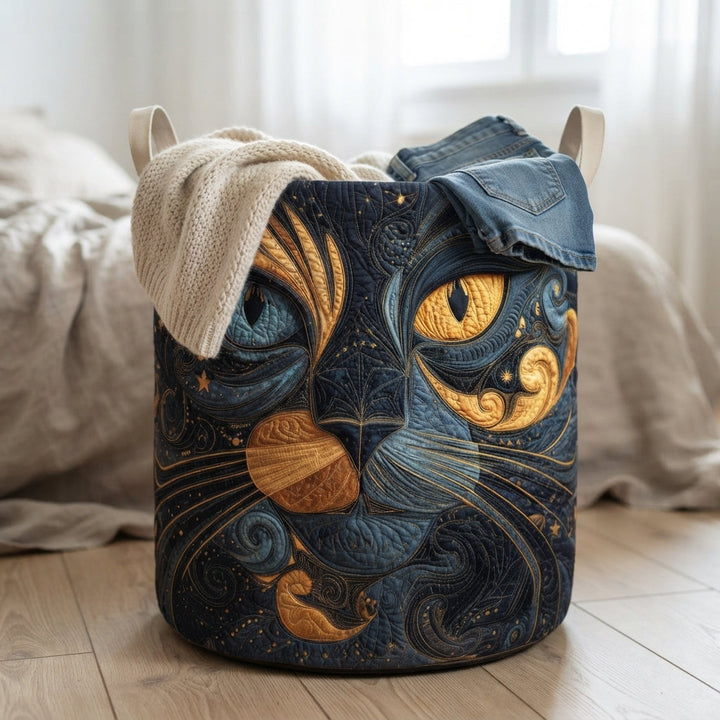 Padded Galaxy Cat Laundry Basket with Handles another view beside a bed with folded clothes