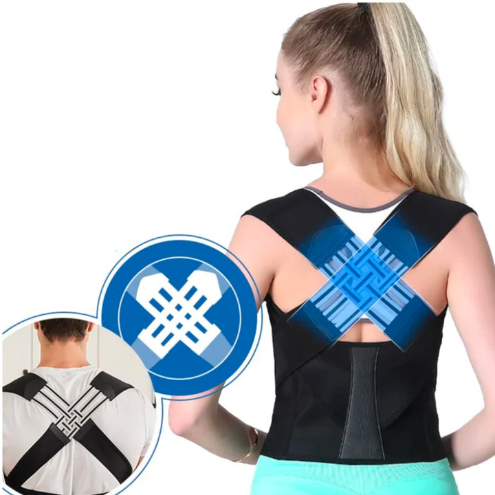 Woman seen from behind wearing the brace, with a blue graphic highlighting the crossed elastic bands and a smaller inset of a man's back. 5