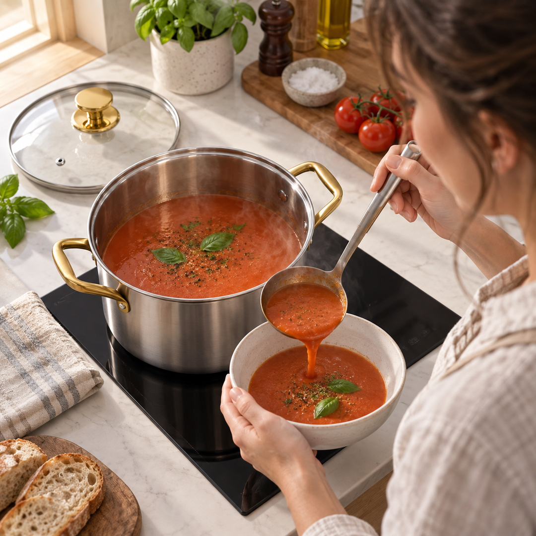 Woman ladles tomato soup from the pot on a cooktop into a ceramic bowl, with the glass lid resting beside it. 5