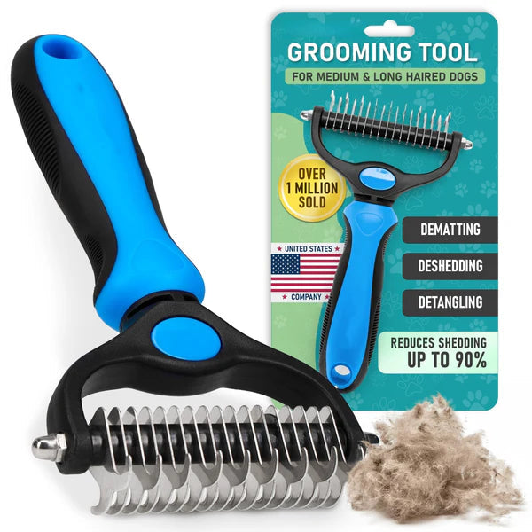 Blue rake angled beside its retail card and a clump of removed pet fur 11