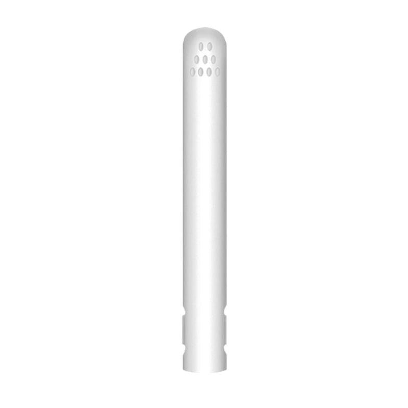 Closed white straightener standing upright on a white background, with small vent dots near the top 13