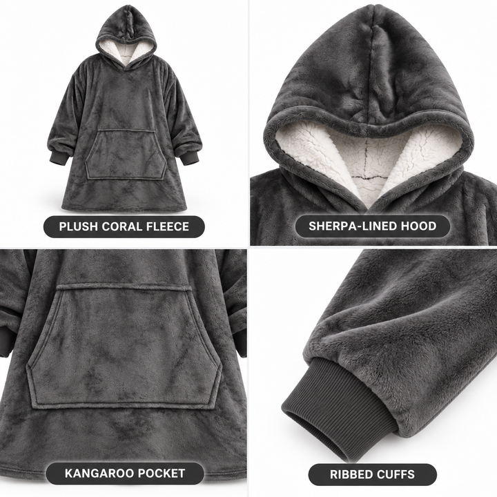 Grey hoodie blanket another view in a four-panel collage, with the front, hood, pocket and ribbed cuff shown.