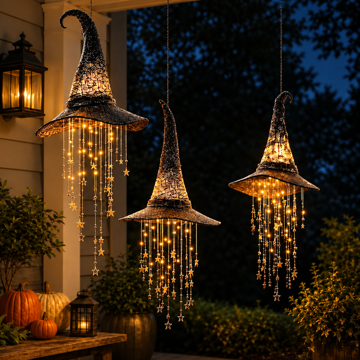 Three lit witch hats with star strands hang on a porch near pumpkins and a lantern 7