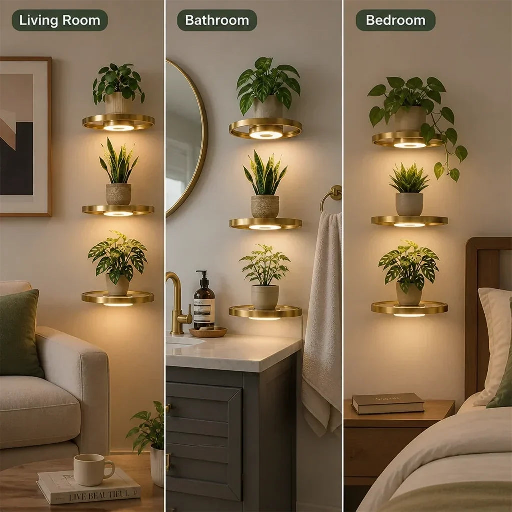Three glowing gold plant shelves shown in a living room, a bathroom and a bedroom side by side 5