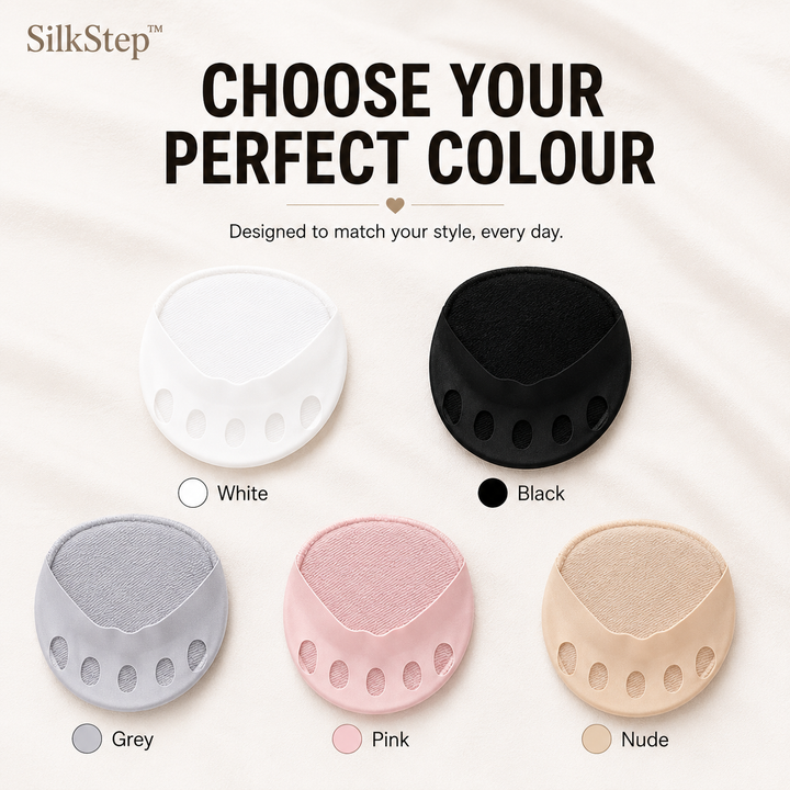 Detail of forefoot cushions in white, black, gray, pink and nude with five toe holes.