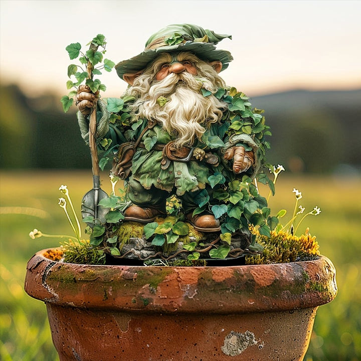 Fairy Tale Acrylic Garden Stake with a bearded ivy-clad gnome in a terracotta pot detail