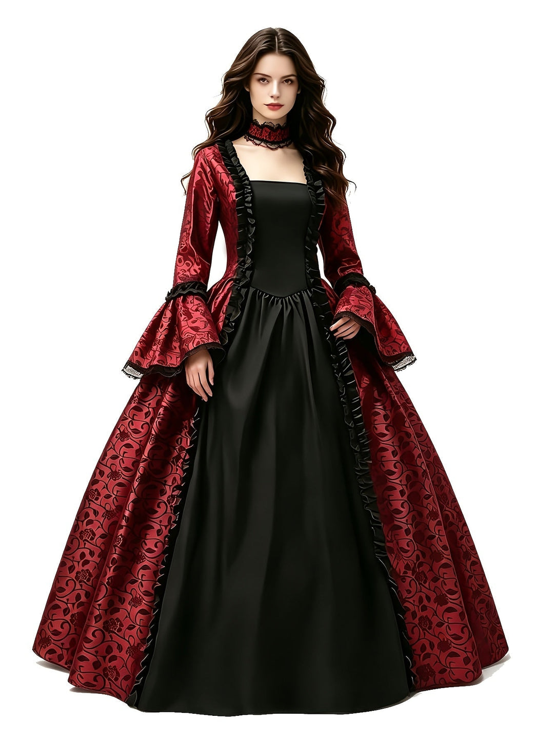 Women's gothic vampire costume dress in black and blue with flared sleeves, front view.