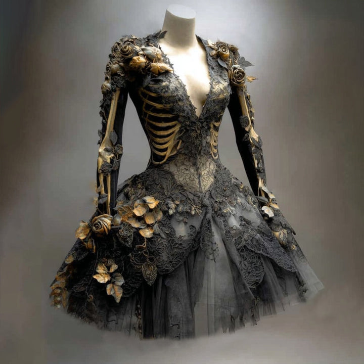 Black lace and tulle mini dress with gold skeleton rib and arm details and gold roses