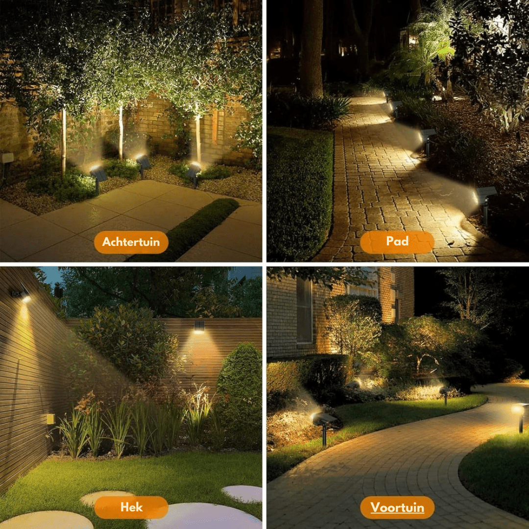 Four-panel collage of warm-lit black solar lights in a backyard, along a path, on a fence and in a front garden.