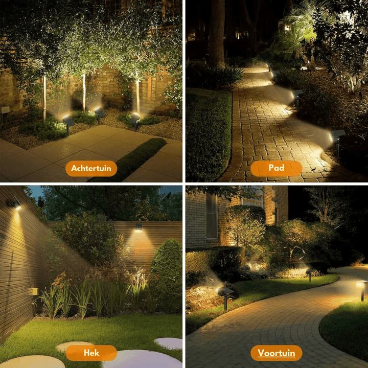 Four-panel collage of warm-lit black solar lights in a backyard, along a path, on a fence and in a front garden.