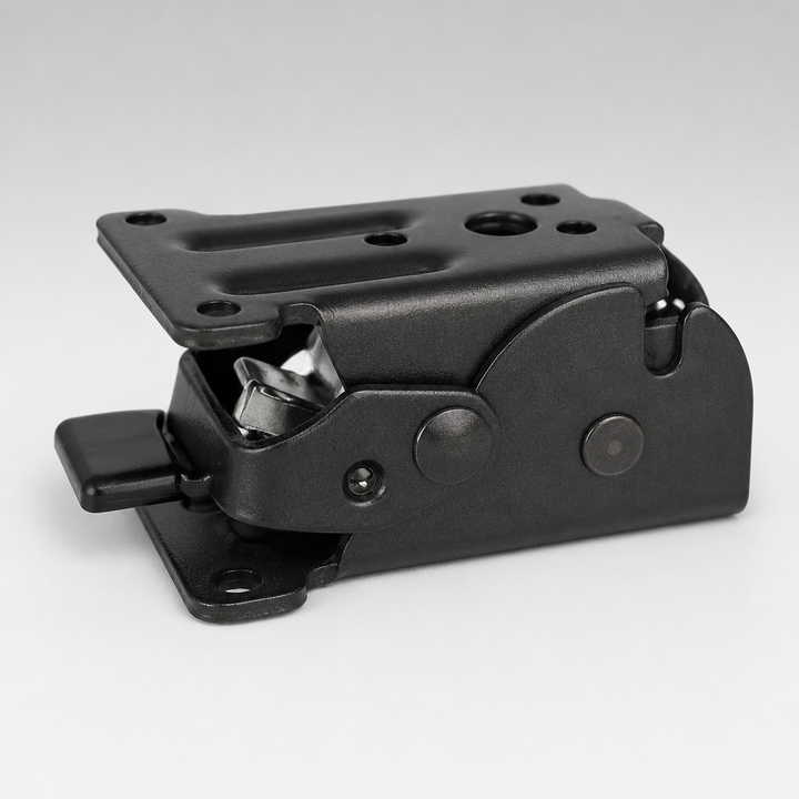 Single black folding bracket on a light gray background showing the mounting holes and latch handle.