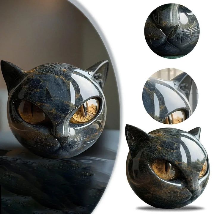 Collage of the cat head on a dark tabletop with circular close-ups of the whiskers and ear 7