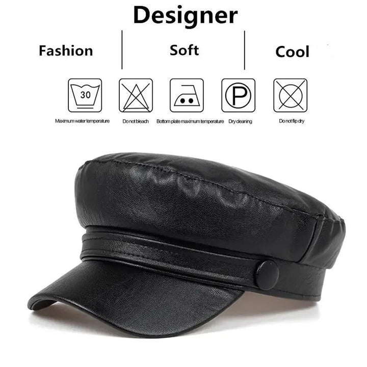 Black cap with a row of care icons above it covering washing, bleaching, ironing and drying 7