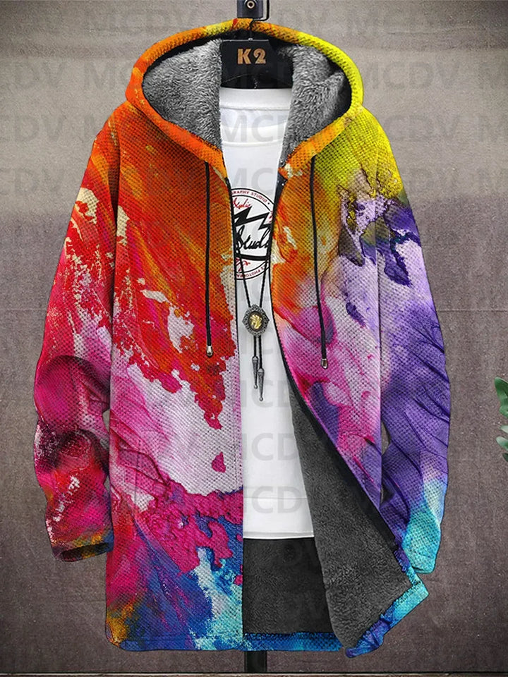 Hooded jacket on a hanger in a bright watercolor splash of orange, pink, purple and yellow 7