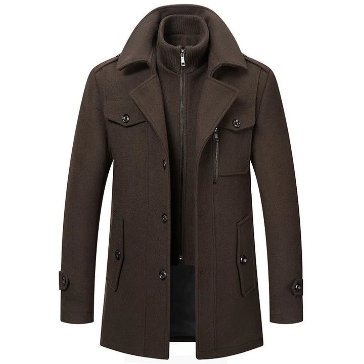Dark brown overcoat laid flat from the front, showing the ribbed inner collar and zip chest pocket 7