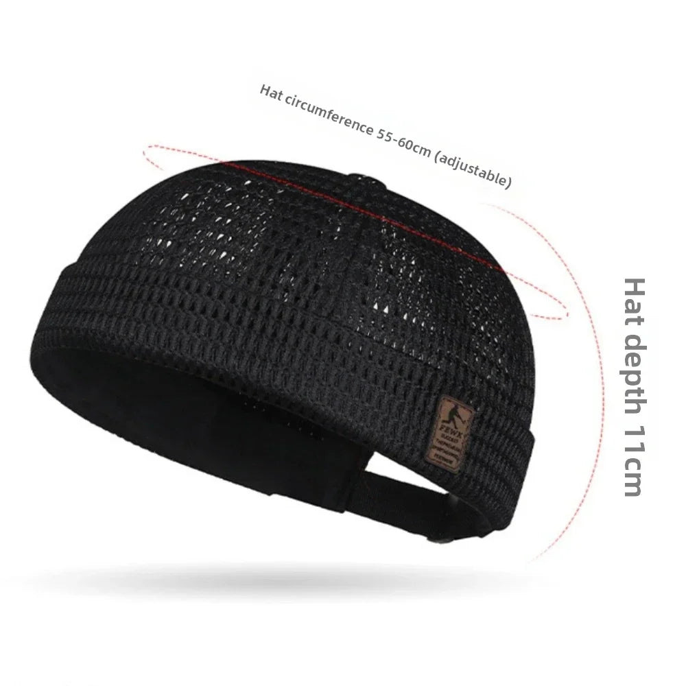Black mesh brimless cap shown from the side with circumference and depth measurement lines 7