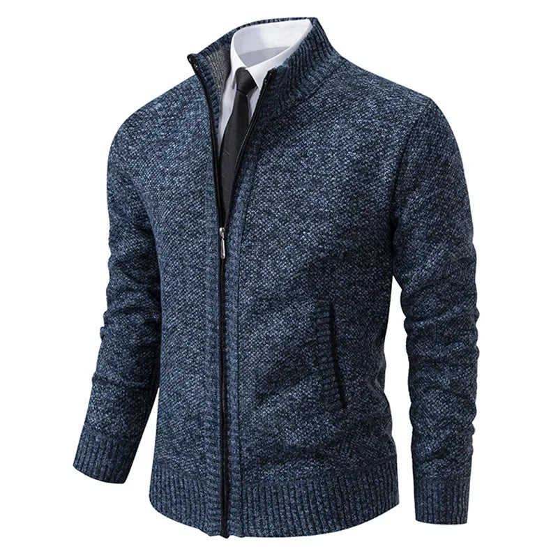 Blue heathered knit zip cardigan at an angle, layered over a white shirt and dark tie 7