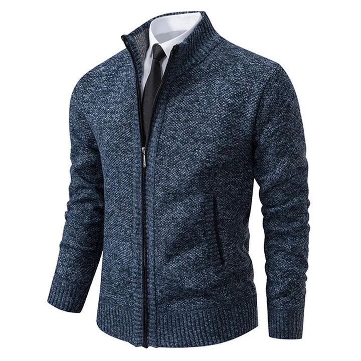 Blue heathered knit zip cardigan at an angle, layered over a white shirt and dark tie 7