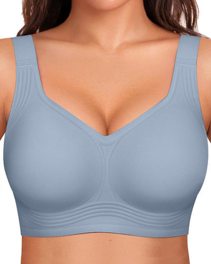 Front view of the bra in light powder blue with smooth full cups and ribbed band detail. 12