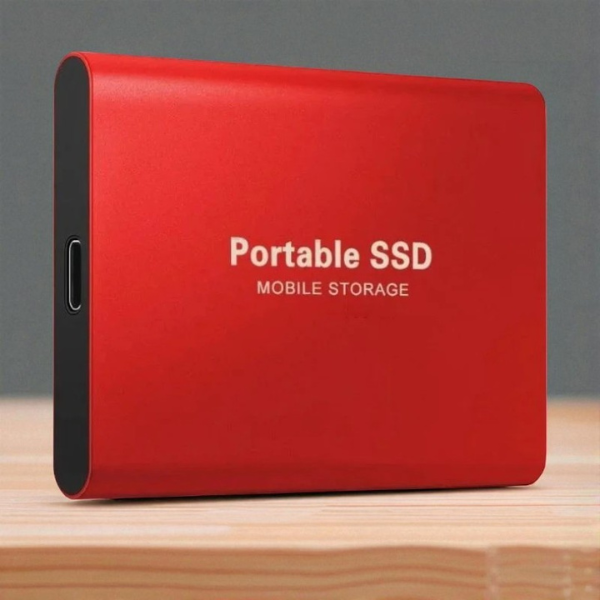 Red portable drive another view with USB-C port visible.