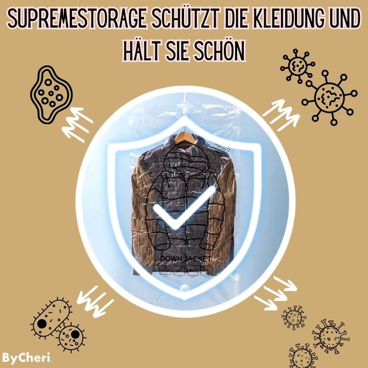 Another view of a jacket sealed inside a clear bag with a shield icon.