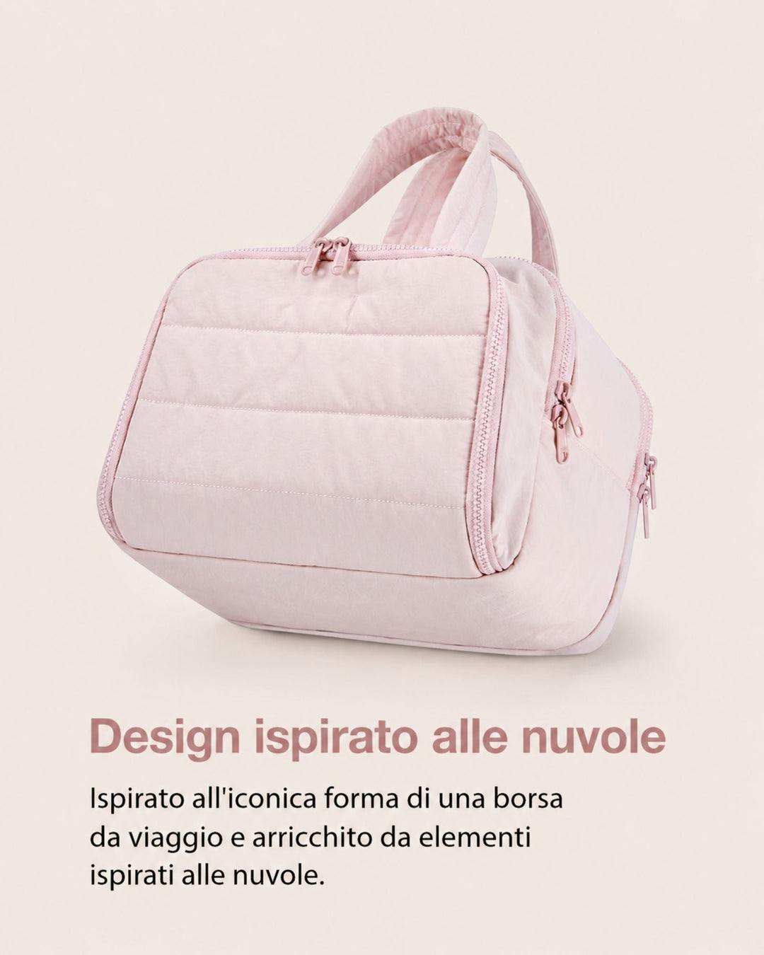 Pink quilted bag angled to show padded front panel, rounded body and pink zipper pulls along the side.