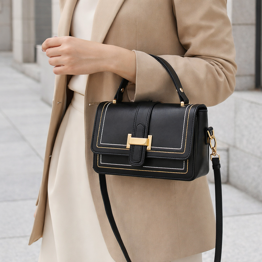 Model in a beige blazer carrying the black bag by its top handle on a stone-paved street. 6