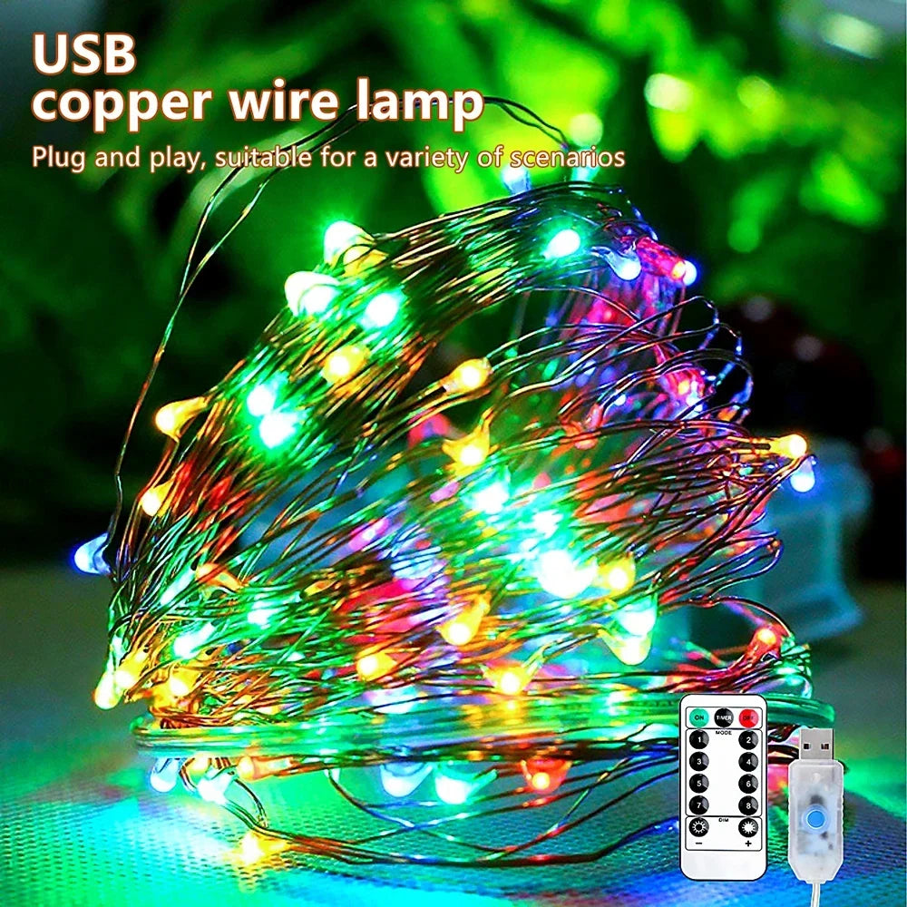Multicolor lights glowing in a coil on a green leafy background, with remote and USB plug 7