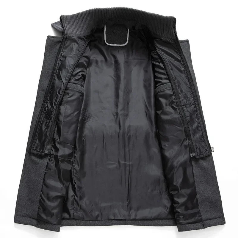 Inside view of the gray coat opened flat, showing the black lining and zip-in knit collar 7