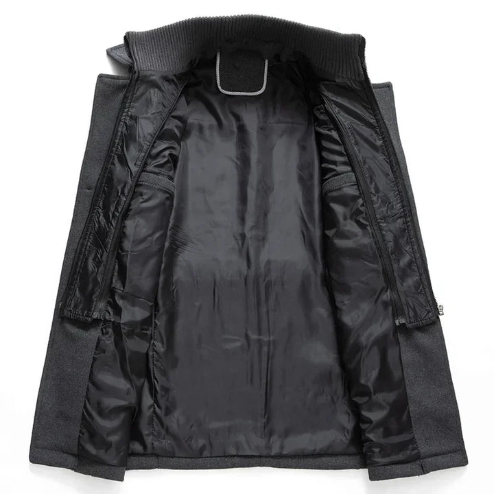 Inside view of the gray coat opened flat, showing the black lining and zip-in knit collar 7