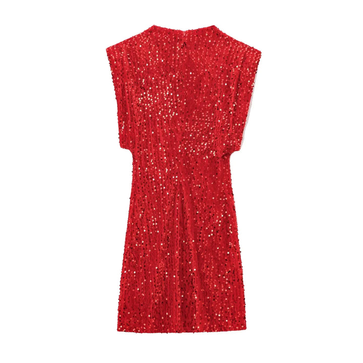 Back view of red sequined mini dress laid flat, showing structured shoulders 7