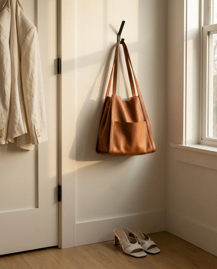 Brown leather tote hanging by its straps from a wall hook in an entryway, near a linen jacket and white heeled sandals.