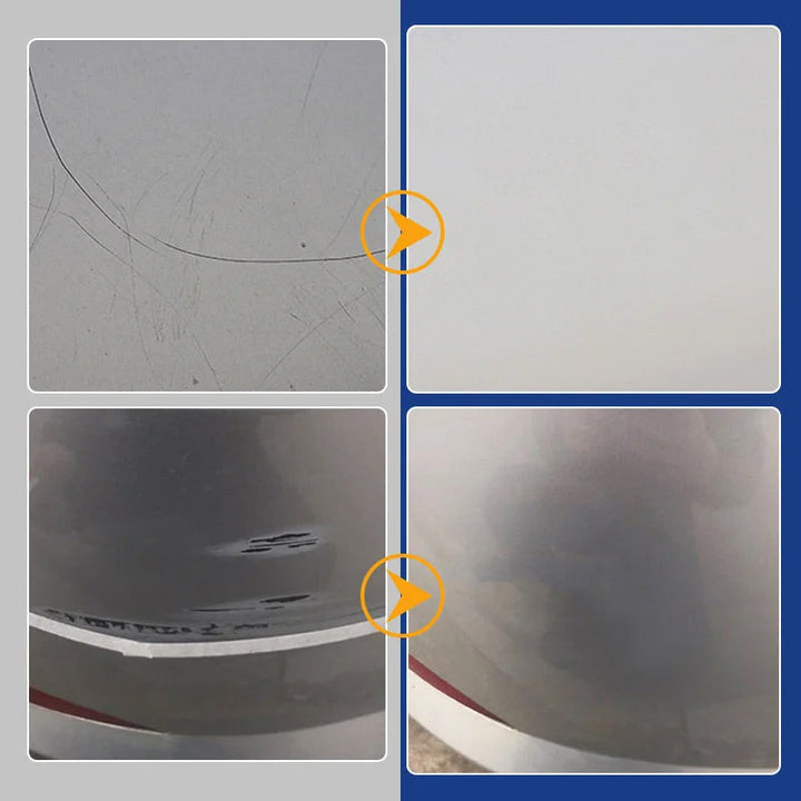 Two before-and-after comparisons on gray and white paint, showing thin scratches and scuff marks that are no longer visible after use. 7