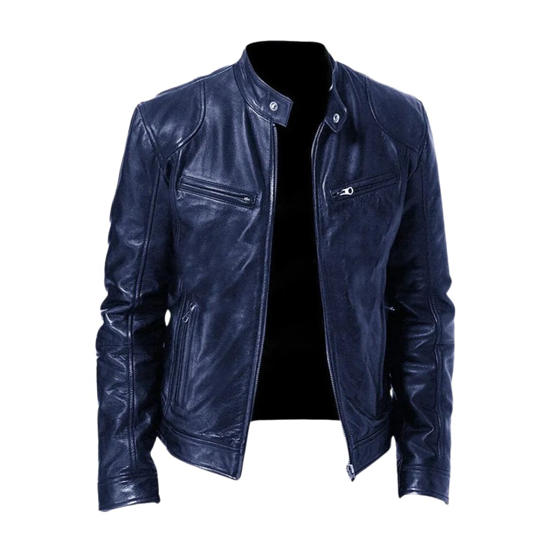 Navy blue version of the leather jacket, front view, with shoulder panels and zippered pockets 5