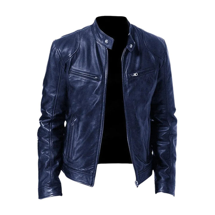 Navy blue version of the leather jacket, front view, with shoulder panels and zippered pockets 5