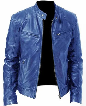 Bright blue leather jacket displayed unzipped over black, front view with snap collar tabs 7