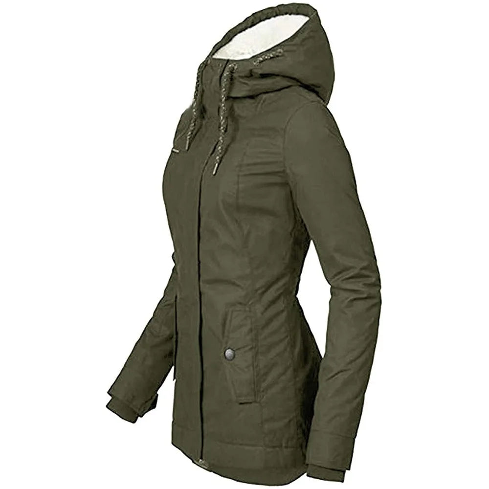 Side view of the olive green jacket showing the drawstring hood, sleeve cuff and waist pocket 7