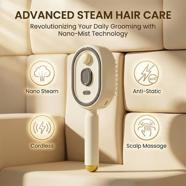 Cream comb standing upright on cushioned beige blocks, with feature icons for nano steam, anti-static, cordless use and scalp massage. 1