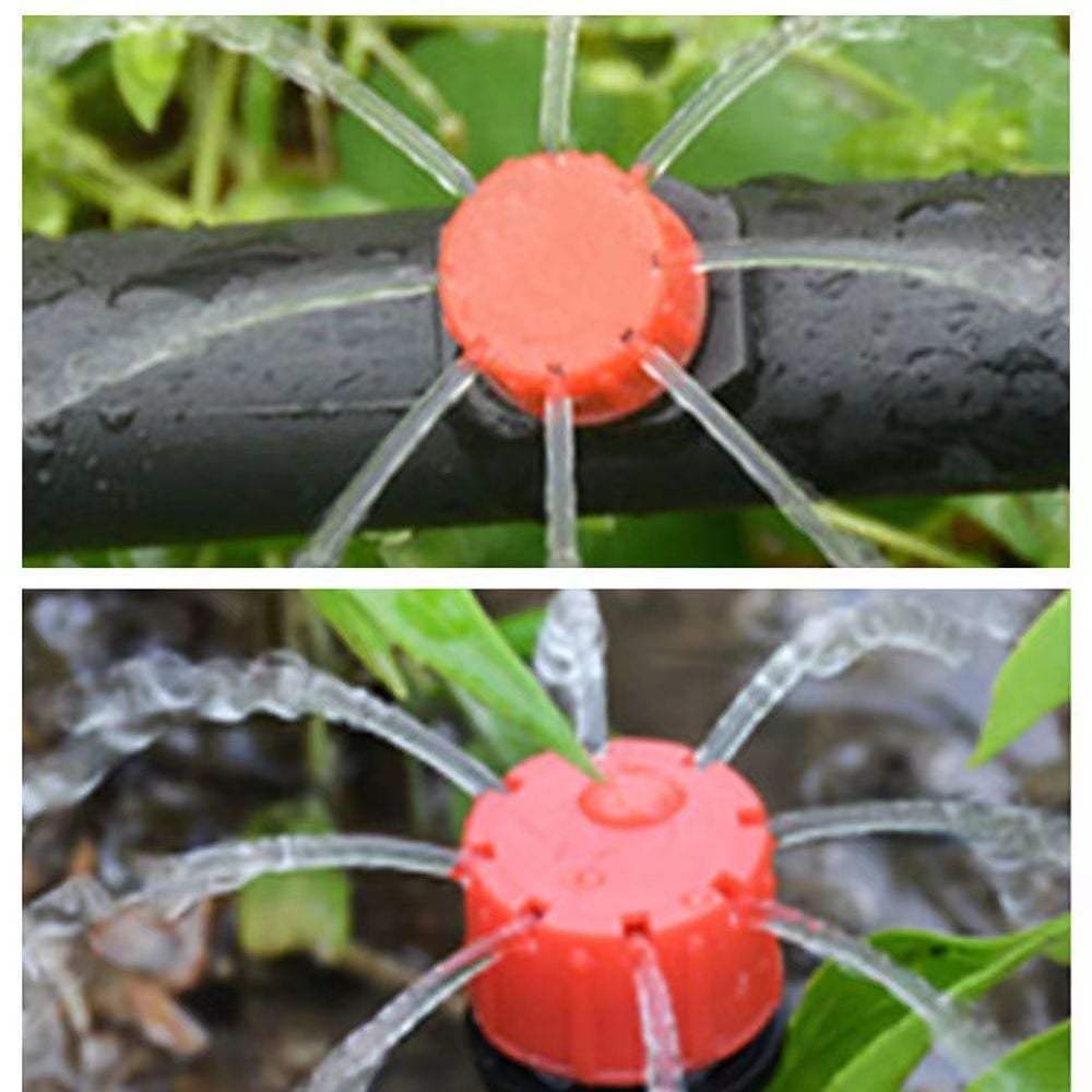 Two close-ups of a red dripper on black tubing with transparent jets of water among green leaves.