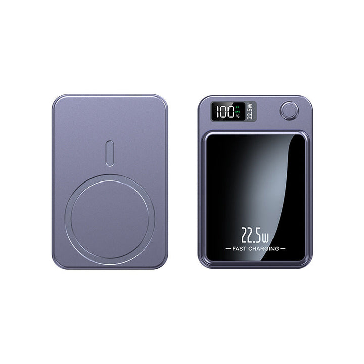 Purple-gray power bank back and front, showing the magnetic ring, mirrored front panel, battery percentage display and power button. 3