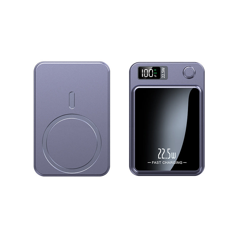 Purple-gray magnetic power bank shown back and front, with round charging ring, mirrored panel and digital battery readout. 3