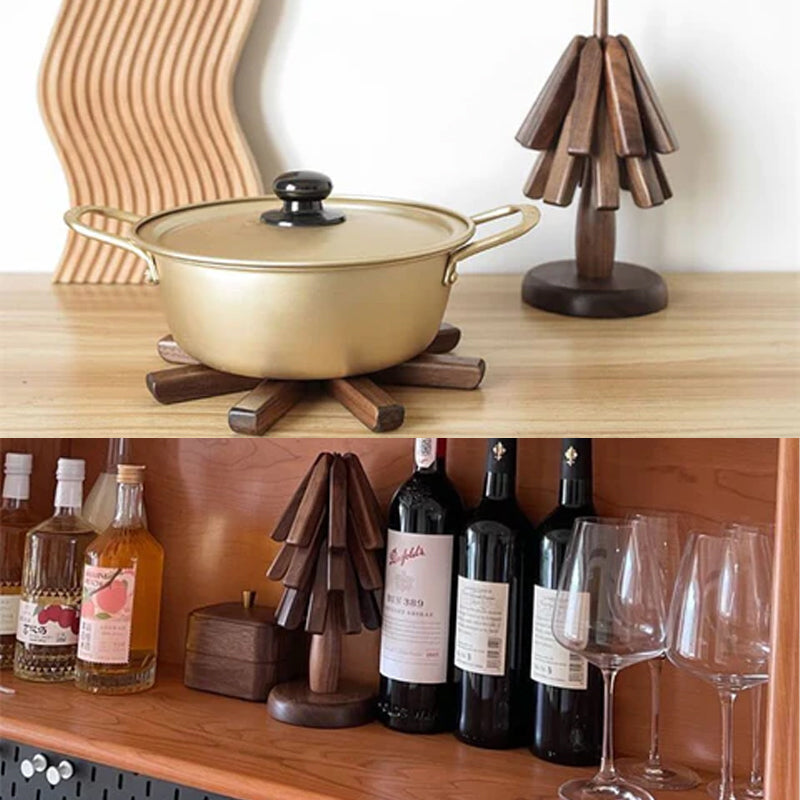 Black walnut wood table mat with a gold pot on top, another view
